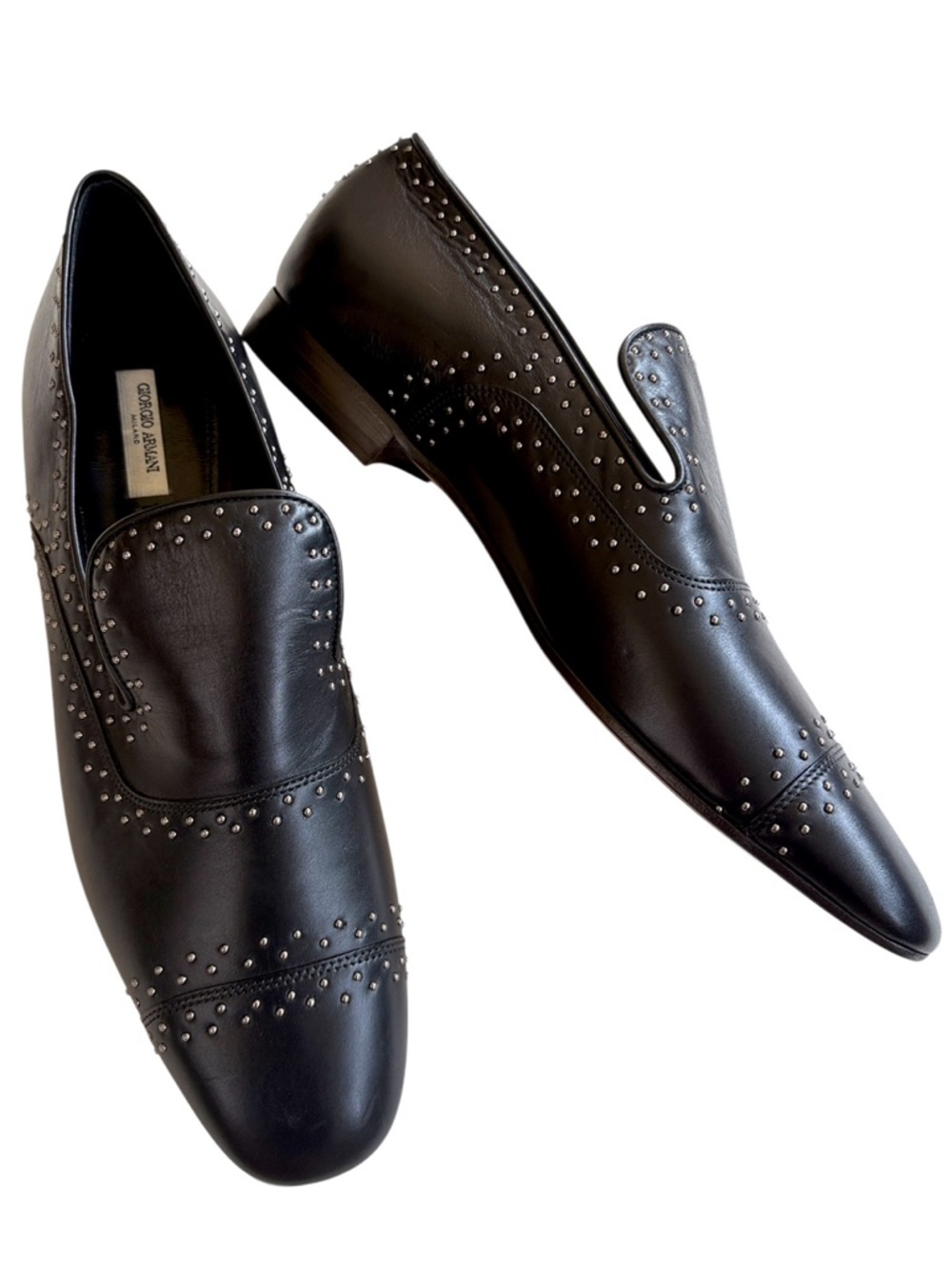 NWOT Giorgio Armani Leather Studded Loafers Black Silver Size 10.5 Retail $1,095